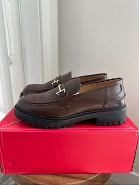 Brown Leather Lug-Sole Loafers with Metal Bit Accent